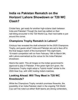 India vs Pakistan Rematch on the Horizon! Lahore Showdown or T20 WC Clash_