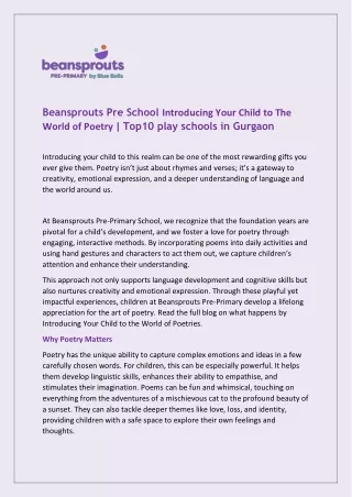 Beansprouts Pre School Introducing Your Child to The World of Poetry - Top10 play schools in Gurgaon