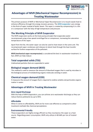 Advantages of MVR (Mechanical Vapour Recompression) in Treating Wastewater