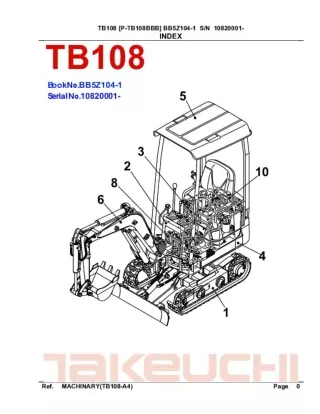 Takeuchi TB108 Compact Excavator Parts Catalogue Manual (SN 10820001 and up)