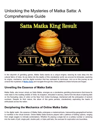 Unlocking the Mysteries of Matka Satta: A Comprehensive Guide