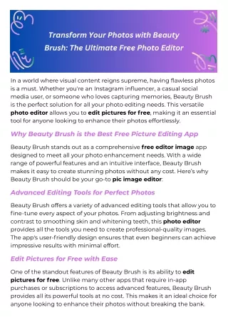 Transform Your Photos with Beauty Brush: The Ultimate Free Photo Editor