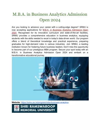 M.B.A. in Business Analytics Admission Open 2024