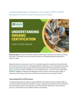 Understanding Organic Certification: Your Guide to NPOP and NOP Standards for Fa