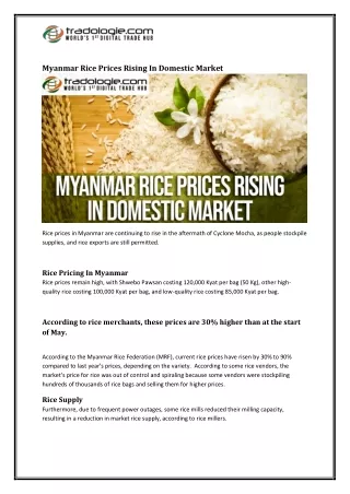 Myanmar Rice Prices Rising In Domestic Market