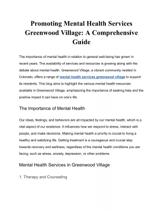 Promoting Mental Health Services Greenwood Village: A Comprehensive Guide