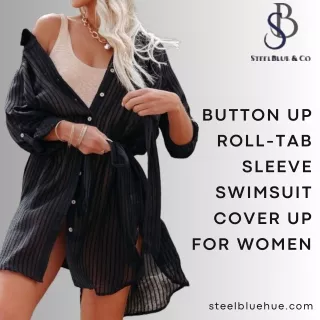 Button Up Roll-Tab Sleeve Swimsuit Cover Up for Women