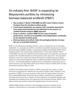 An industry-first_ BASF is expanding its Biopolymers portfolio by introducing biomass-balanced ecoflex® (PBAT)