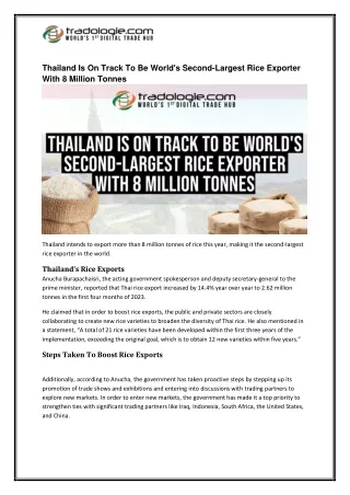 Thailand Is On Track To Be World's Second-Largest Rice Exporter With 8 Million Tonnes