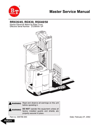 TOYOTA BT RDX30 Electric Electrical Stand-Up Rider Truck Service Repair Manual