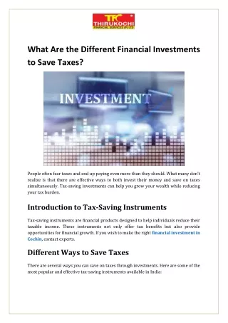 What Are the Different Financial Investments to Save Taxes