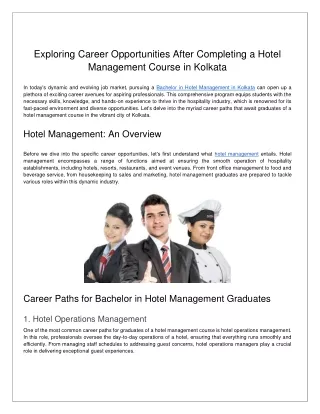 Exploring Career Opportunities After Completing a Hotel Management Course in Kolkata