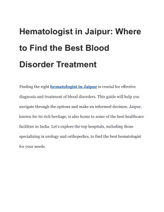 Hematologist in Jaipur_ Where to Find the Best Blood Disorder Treatment