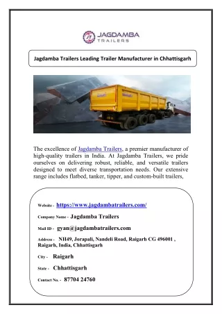 Jagdamba Trailers Leading Trailer Manufacturer in Chhattisgarh