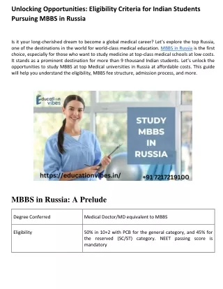 Eligibility Criteria for Indian Students Pursuing MBBS in Russia