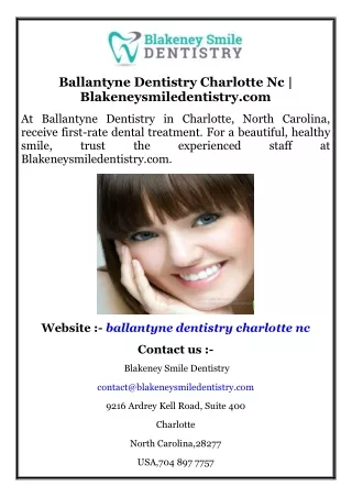 Ballantyne Dentistry Charlotte Nc  Blakeneysmiledentistry.com