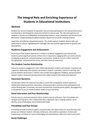 The Integral Role and Enriching Experience of Students in Educational Institutio