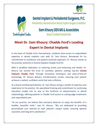 Meet Dr. Sam Khoury Chadds Ford’s Leading Expert in Dental Implants