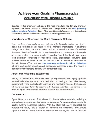 Top Reasons to Choose Biyani for Pharmacy Studies in Jaipur