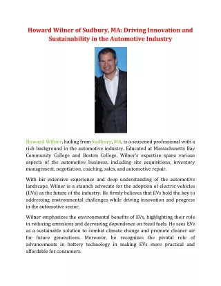 Howard Wilner of Sudbury, MA: Driving Innovation and Sustainability in the Automotive Industry