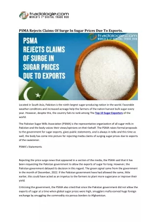 PSMA Rejects Claims Of Surge In Sugar Prices Due To Exports.