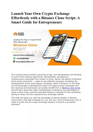 Launch Your Own Crypto Exchange Effortlessly with a Binance Clone Script