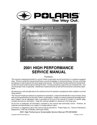 2001 Polaris 700 RMK SNOWMOBILE Service Repair Manual