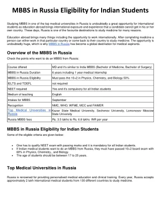 MBBS in Russia Eligibility for Indian Students