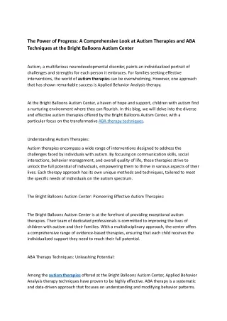 The Power of Progress_ A Comprehensive Look at Autism Therapies and ABA Techniques at the Bright Balloons Autism Center.