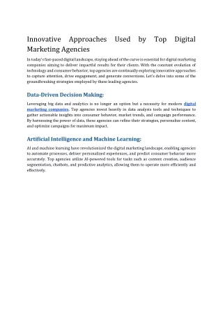 Innovative Approaches Used by Top Digital Marketing Agencies