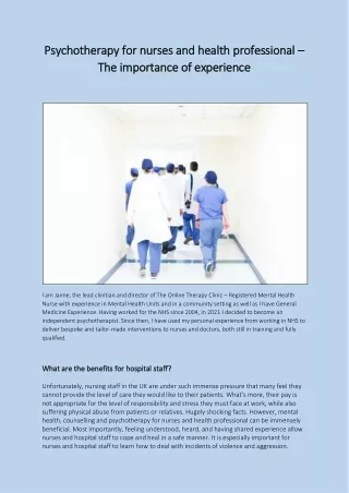 Psychotherapy for nurses and health professional – The importance of experience