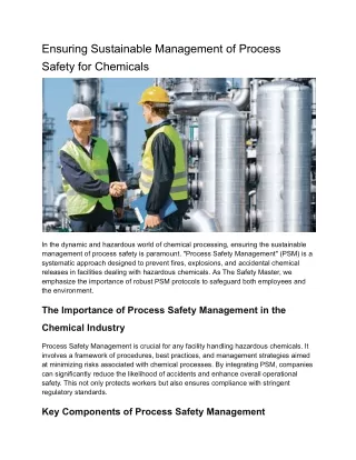 Ensuring Sustainable Management of Process Safety for Chemicals