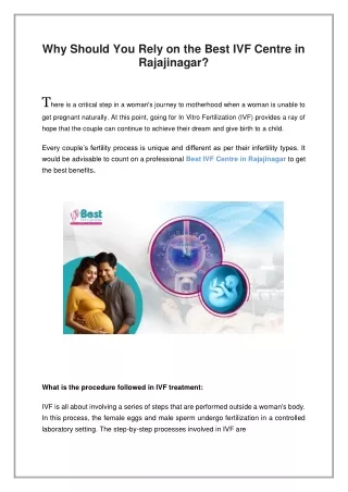 Why Should You Rely on the Best IVF Centre in Rajajinagar