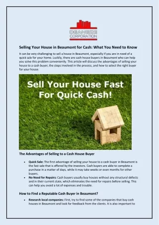 Selling Your House in Beaumont for Cash: What You Need to Know