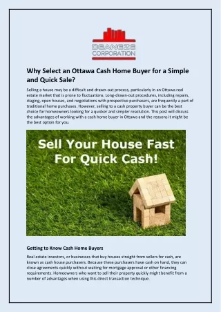 Why Select an Ottawa Cash Home Buyer for a Simple and Quick Sale?