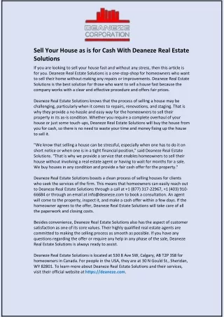 Sell Your House as is for Cash With Deaneze Real Estate Solutions