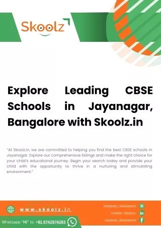 Navigate the Best CBSE Schools in Jayanagar, Bangalore with Skoolz