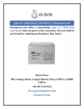 Agm 12v 150ah Deep Cycle Battery  Olsenpower.com