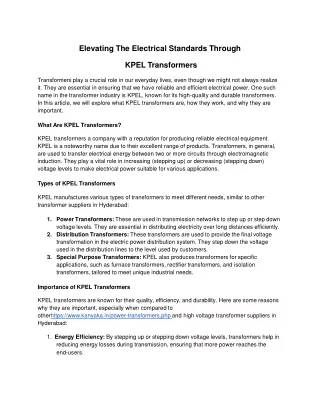 Elevating The Electrical Standards Through KPEL Transformers