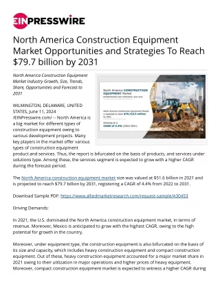 North America Construction Equipment Market Opportunities and Strategies 2031