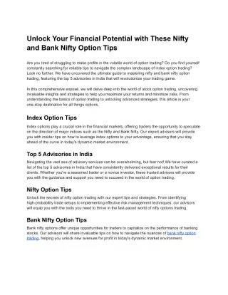 Unlock Your Financial Potential with These Nifty and Bank Nifty Option Tips
