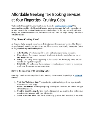 Affordable Geelong Taxi Booking Services at Your Fingertips- Cruising Cabs
