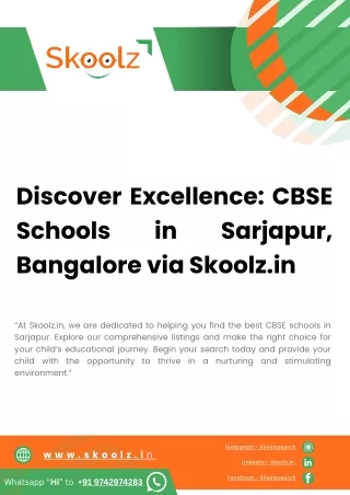 Premier CBSE Schools in Sarjapur, Bangalore - Revealed by Skoolz