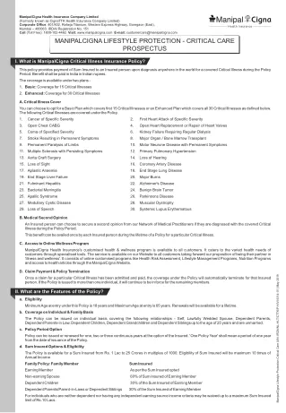 Explore ManipalCigna Lifestyle Protection - Critical Care: Prospectus