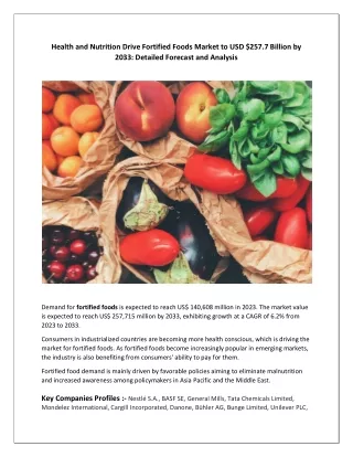Health and Nutrition Drive Fortified Foods Market to USD $257.7 Billion by  2033