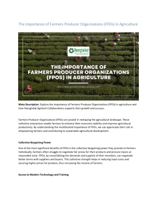 The Importance of Farmers Producer Organizations (FPOs) in Agriculture