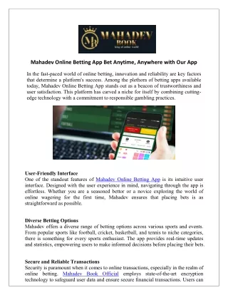 Mahadev Online Betting App Bet Anytime, Anywhere with Our App