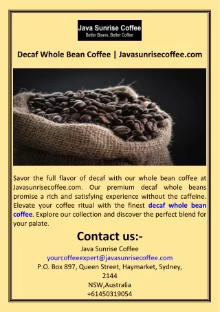 Decaf Whole Bean Coffee  Javasunrisecoffee.com