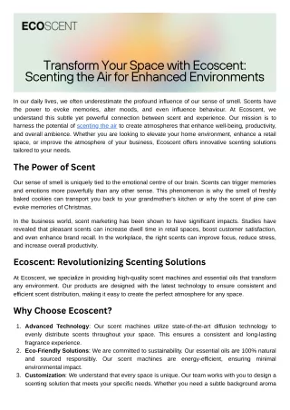 Transform Your Space with Ecoscent Scenting the Air for Enhanced Environments