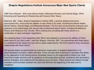 Shapiro Negotiations Institute Announces Major New Sports